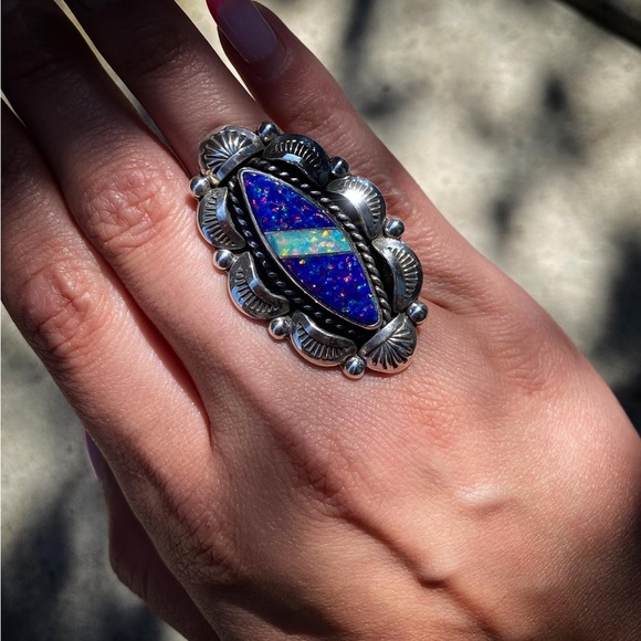 Intarsia Synthetic Opal and Sterling Silver Ring - 6.25 - Picture 2 of 3